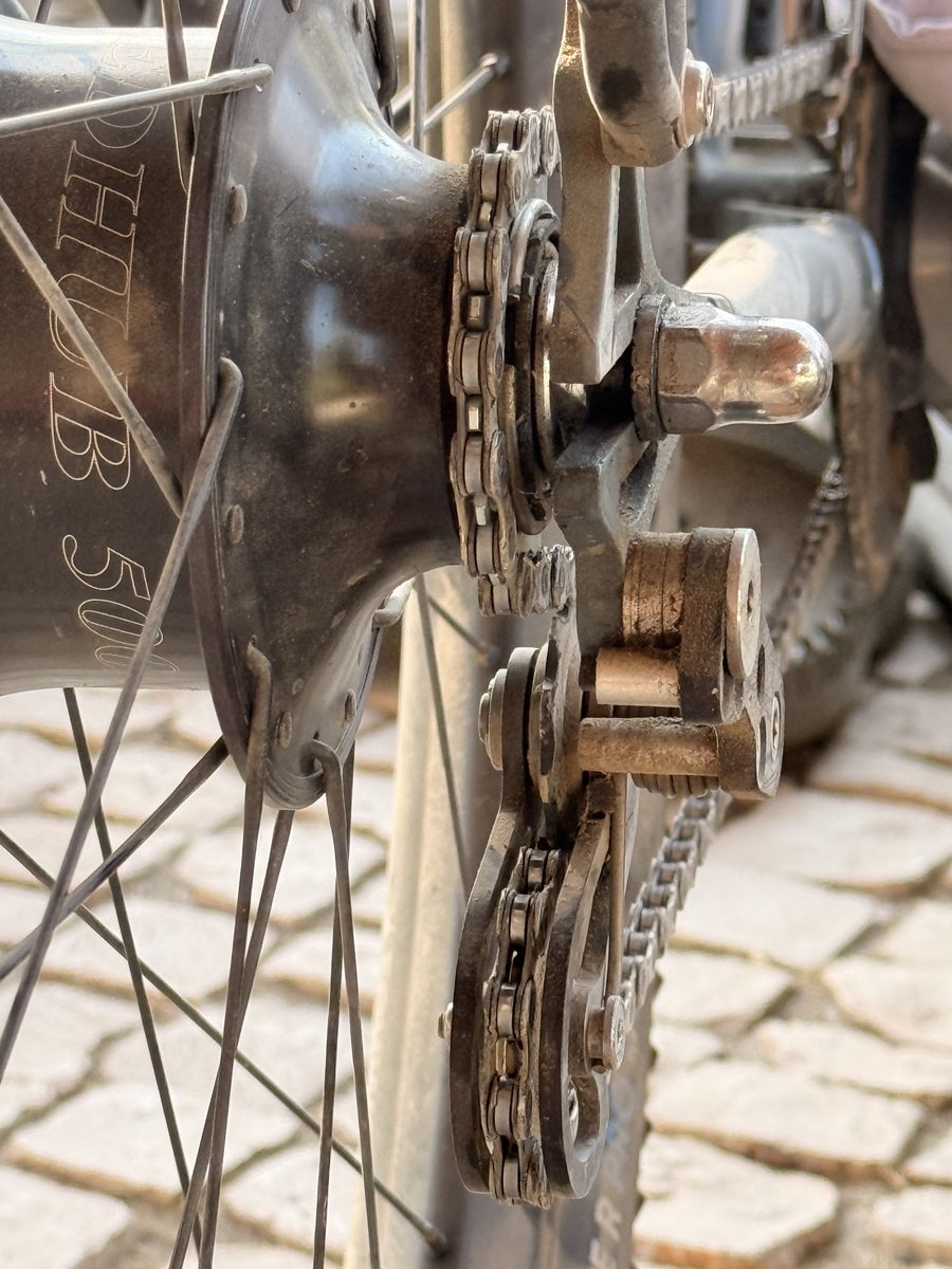 Nahaufnahme der Rohloff Speedhub 500 mit Ritzel, Kette und dem kleinen Kettenspanner